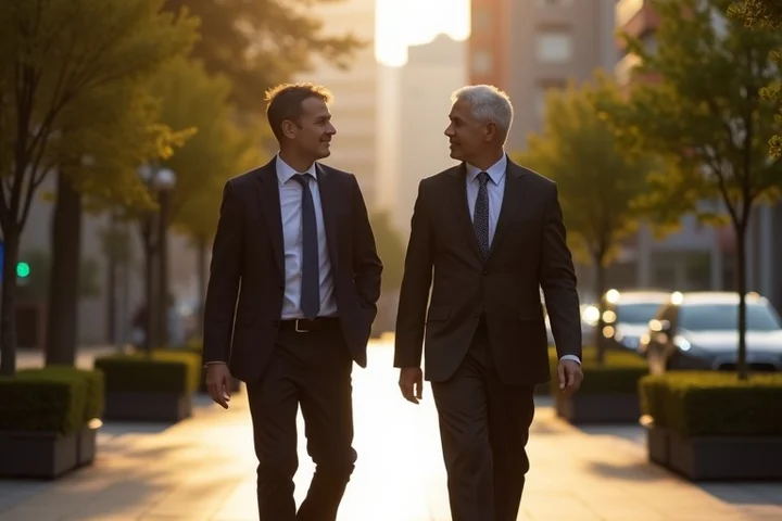 Two adults in their 40s walking and talking on a quiet city sidewalk after work, one in business-casual clothes and the other relaxed but attentive