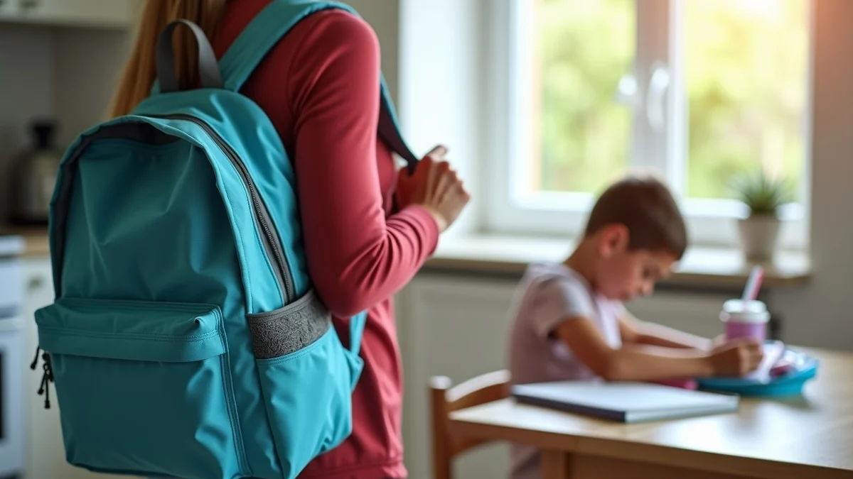 A parent in their 40s packs a school backpack beside lunchboxes, a planner, and sports gear in a bright kitchen