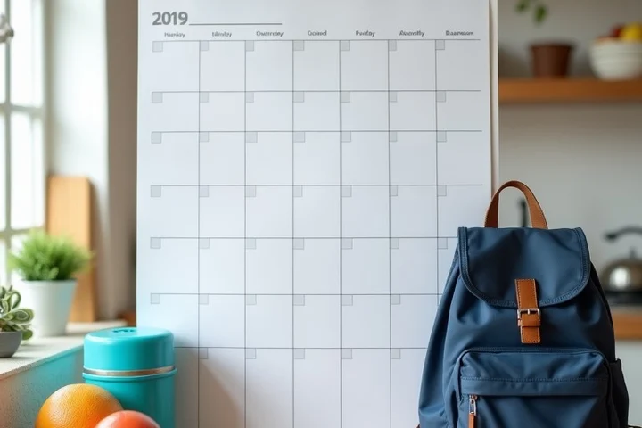 A blank wall calendar, school backpack, sports bag, lunch container, and car keys arranged on a kitchen counter