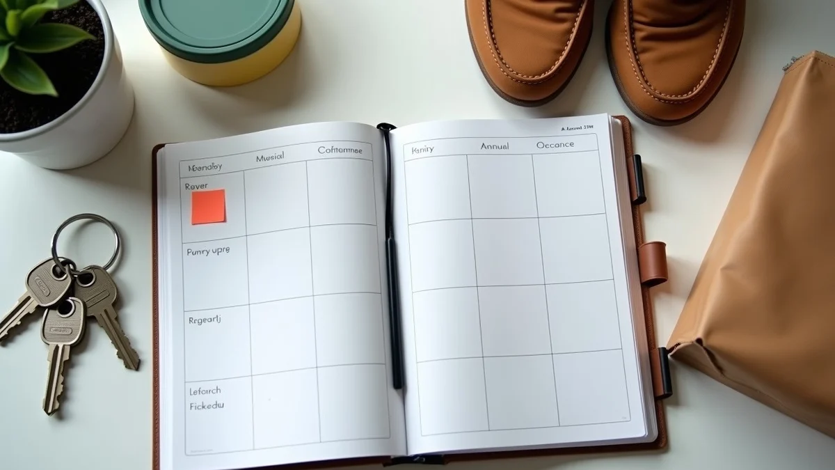 An analog weekly planner beside house keys, running shoes, a lunch container, and a packed tote