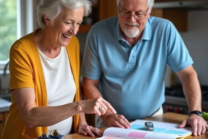 Two middle-aged adults standing by a kitchen island, one pointing to a color-blocked weekly planner beside keys, lunch containers, and gym shoes