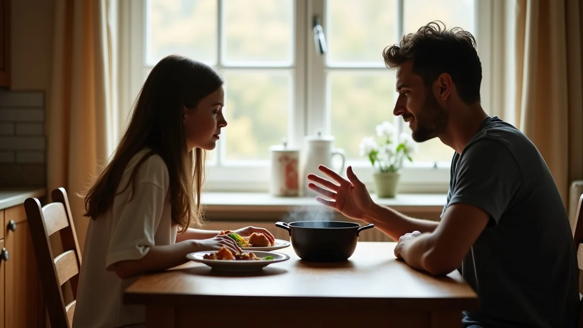 A calm single parent speaking with a teenage daughter at the kitchen table while dinner simmers
