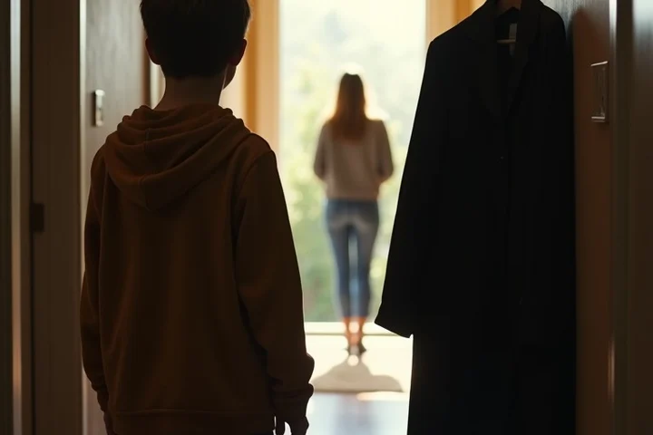 A teenage boy watching a parent leave the house for an evening date, one unfamiliar coat on the rack and ordinary hallway clutter around him