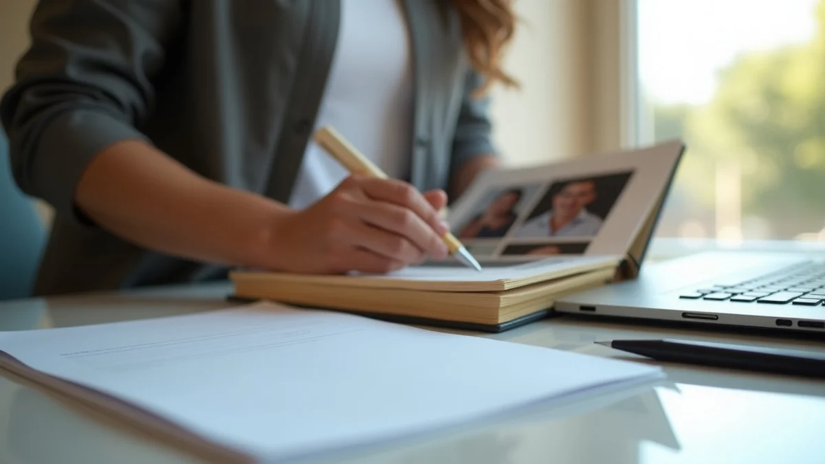 A single adult in their 40s sorting a separate folder beside a family photo album and a blank profile sheet on a desk