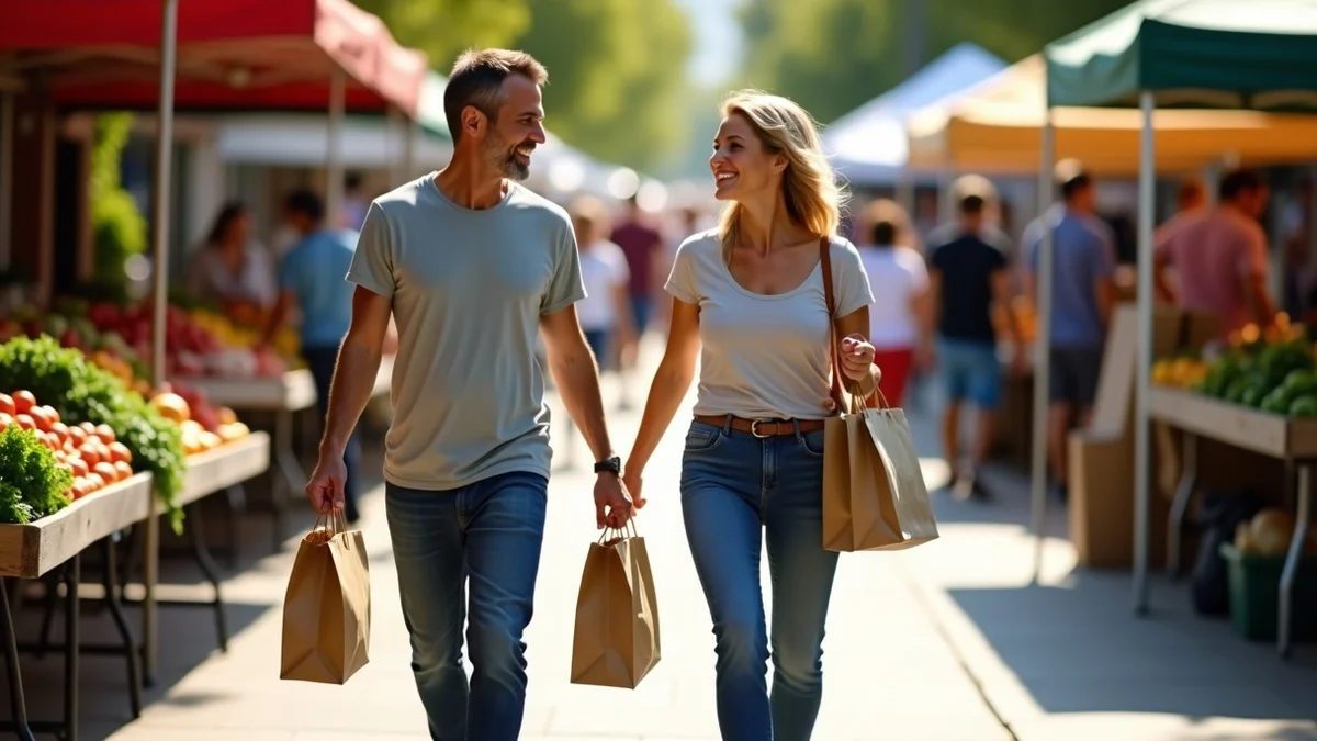 Two adults in their 40s walking slowly through a California farmers market, carrying small paper bags and smiling as they talk