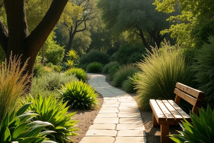 A quiet botanical garden path with native California plants, a wooden bench, and a clear easy route for a short first date