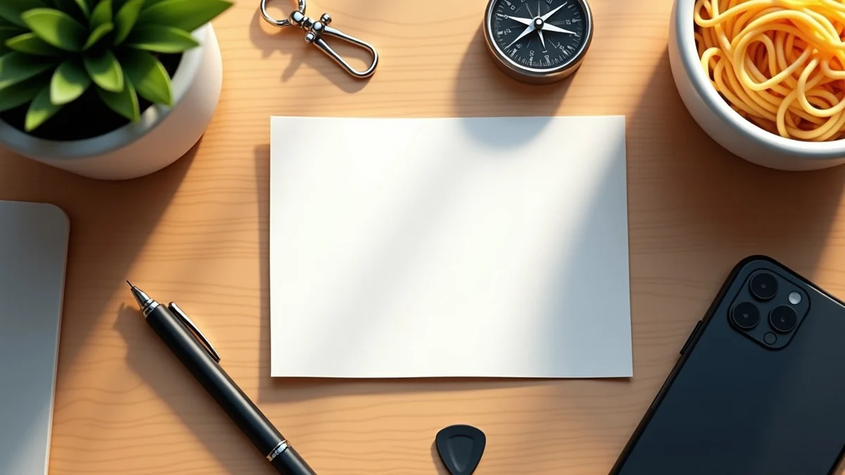 A blank note card rests beside a pen and small clue objects—a dog leash clip, a small compass, a guitar pick, and a bowl of noodles—on a tidy desk