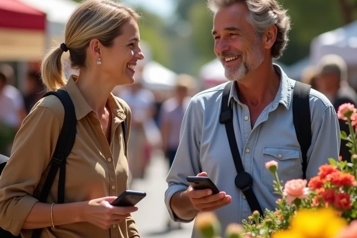 Two adults in their 40s talk beside a flower stall at a local California outdoor market, one smiling after noticing a dog and a travel camera strap