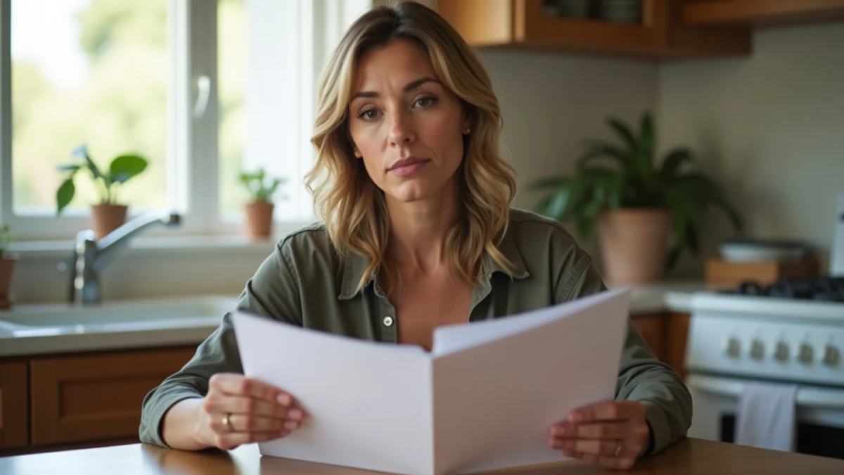 A thoughtful California woman in her 40s compares two plain folders at a kitchen table, considering free dating options without a visible device