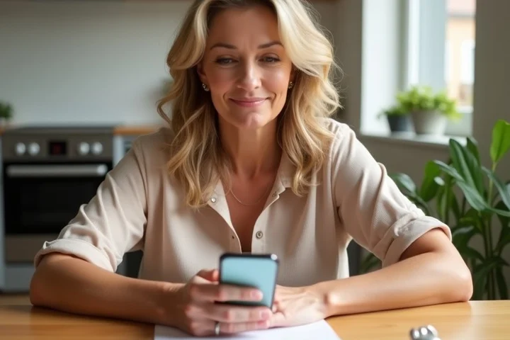 A woman in her 40s comparing two dating app options at a kitchen table