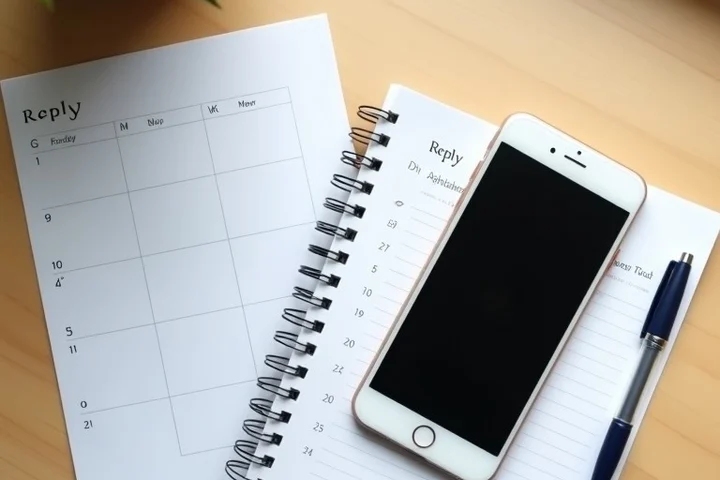A face-down smartphone sits next to a desk calendar, two blank reply cards, and a pen on a clean wooden table
