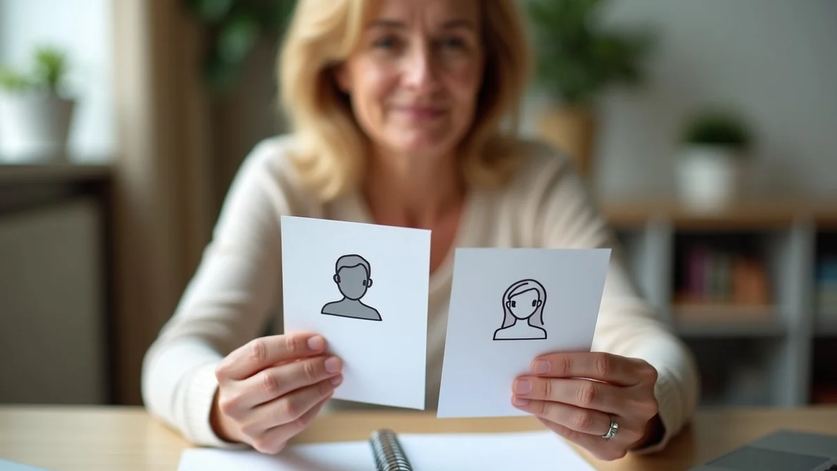 A thoughtful woman in her 40s comparing two sets of dating profile cards, one with prompt-style icons and one with filter-style icons