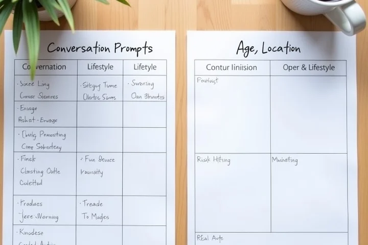 Two sorting boards sit side by side on a desk, one organized around conversation prompts and the other around age, location, and lifestyle filters