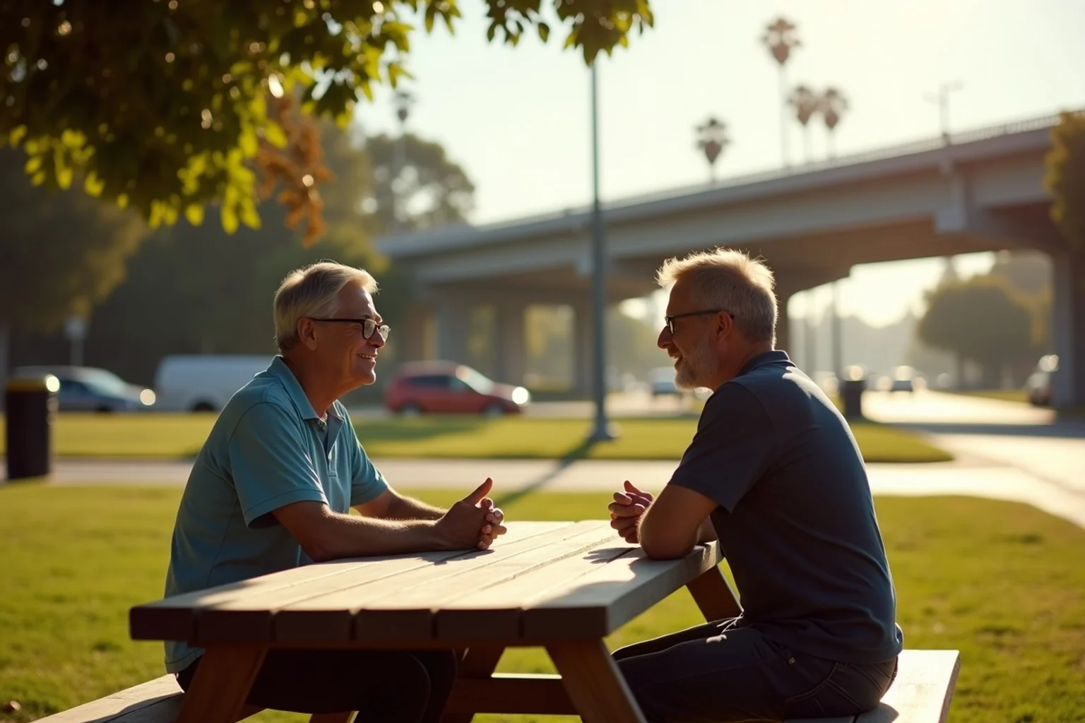 Two adults in their 40s chatting at a neighborhood picnic table in a California park beside a freeway overpass