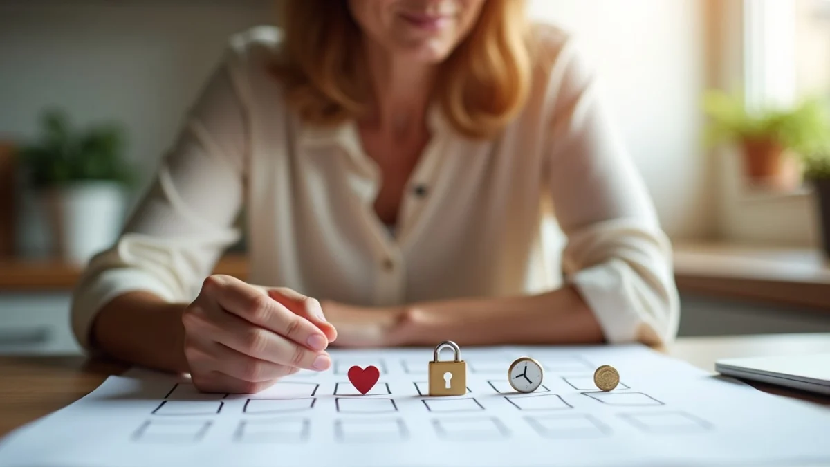 Thoughtful woman in her late 40s reviews a sheet with empty boxes at a bright California kitchen table, weighing simple tokens for a heart, lock