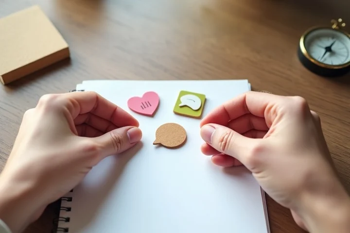 Mature adult hands sort four tabletop objects into different relationship-goal piles: a heart token, a handshake token, a speech-bubble token
