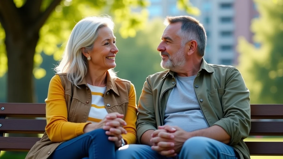 Two adults in their 40s having a calm conversation on a park bench, one gesturing toward a future shared path while the other listens thoughtfully