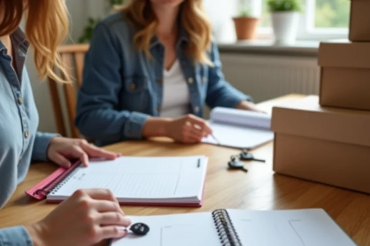 Two 40-something adults arranging blank planners, a set of keys, and a small stack of moving boxes on a kitchen table