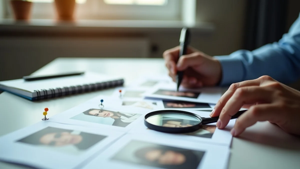 Magnifying glass over printed profile photos and mismatched snapshot prints on a tidy desk, with a pen, notebook, and evidence-style pushpins
