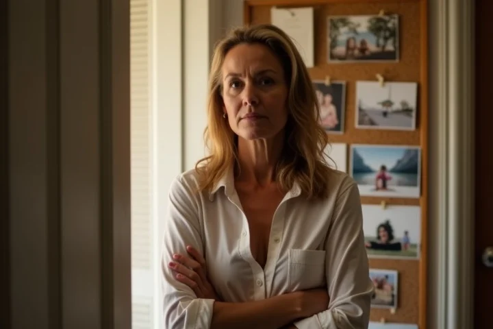 A middle-aged woman stands just inside a closed front door, arms folded, while mismatched travel, work