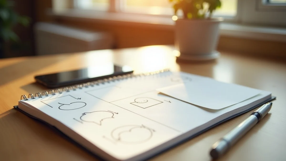 A conversation-planning notebook beside a face-down phone on a sunlit kitchen table, with a pen, blank index cards