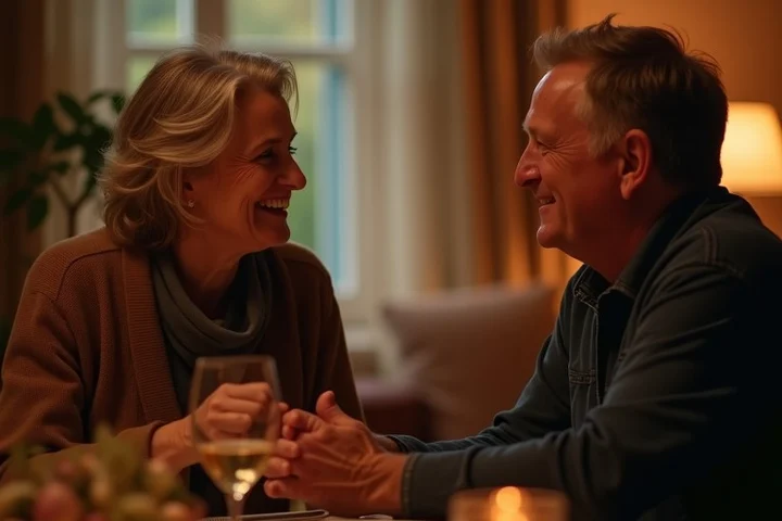 Two adults in their 40s chatting at a cozy dinner table, one leaning in while the other answers with an open gesture