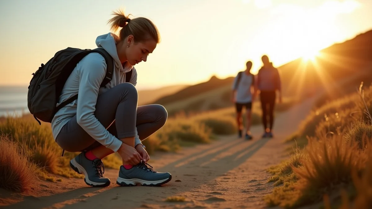 A woman in her 40s lacing her walking shoes at a trailhead before joining a small hiking group, early coastal California morning light