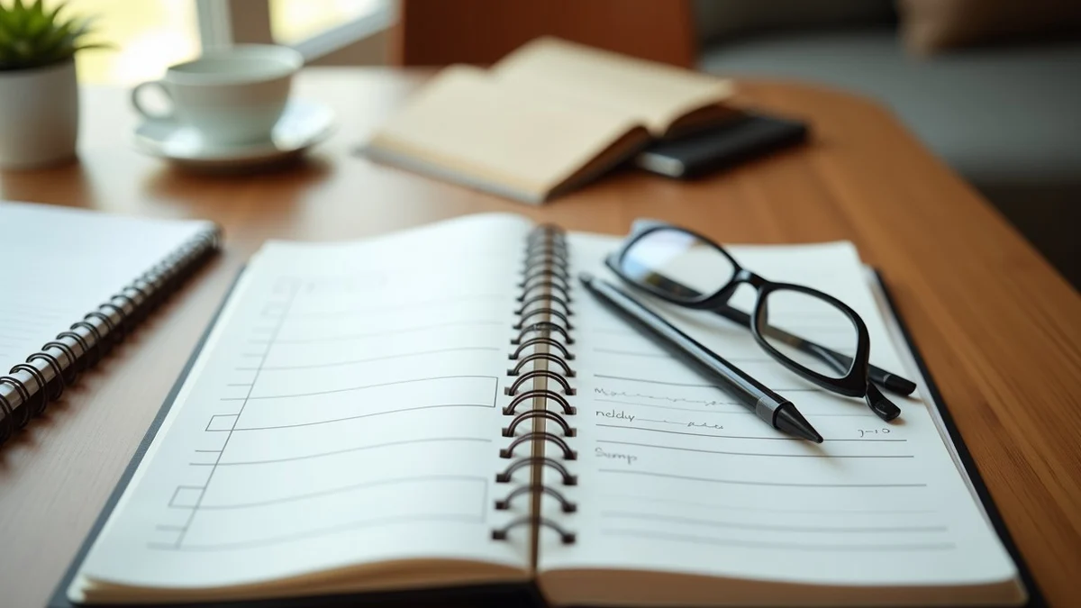 An open notebook on a kitchen table with a pen, reading glasses, a weekly planner, and a few blank bullet marks