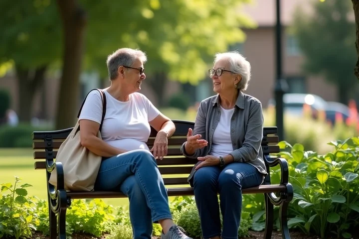 Two adults in their 40s talking on a shaded park bench beside a community garden, one holding a tote bag and the other gesturing naturally