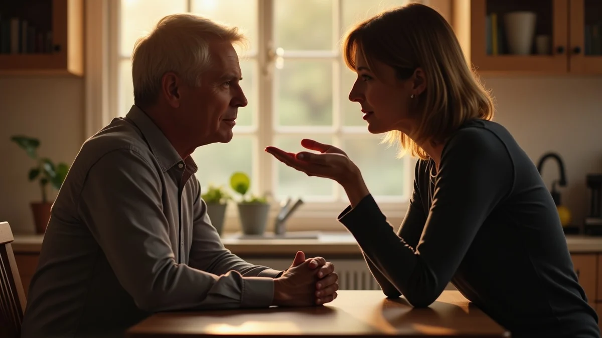 Two adults in their 40s sitting close at a small kitchen table, one speaking while the other listens with an open hand and relaxed shoulders