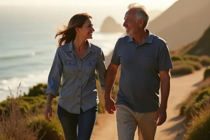 Two adults in their 40s walking side by side on a coastal California trail, talking and lightly touching an arm while sharing the path
