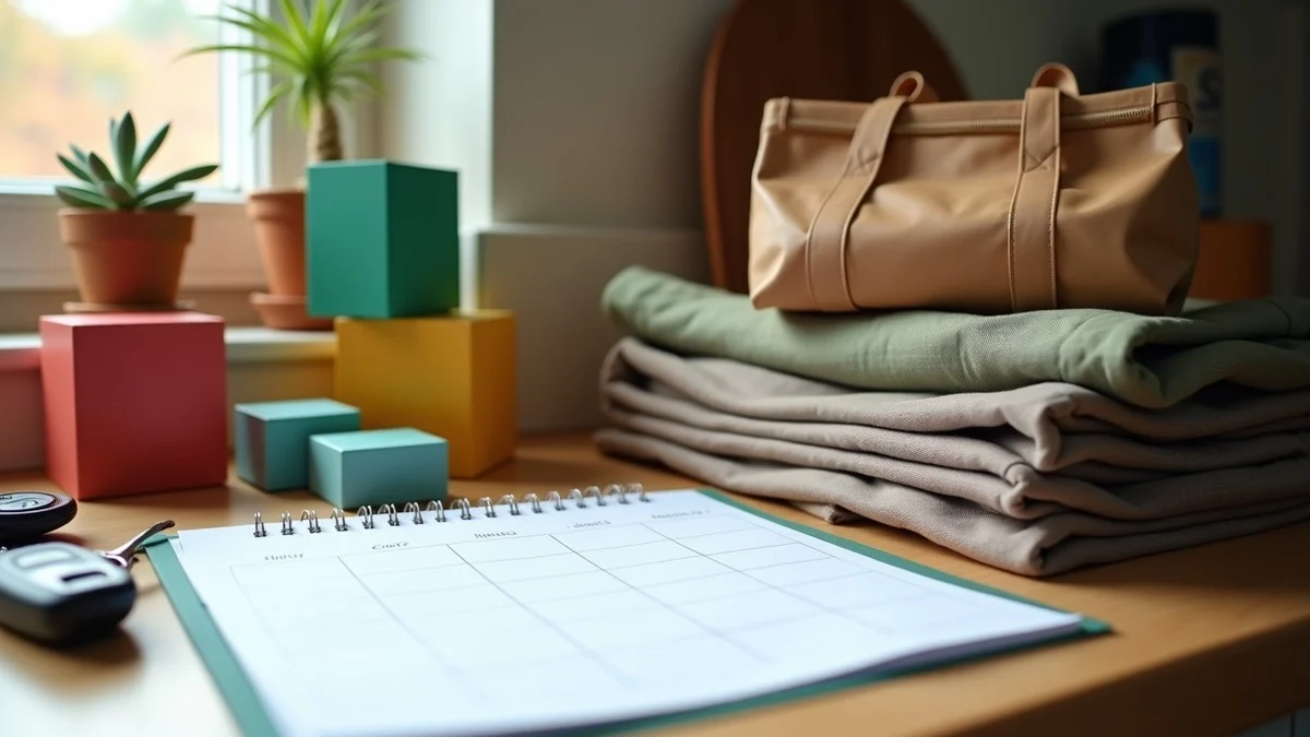 Packed weekend bags beside a paper six-week calendar on a kitchen counter, with colored blocks, car keys