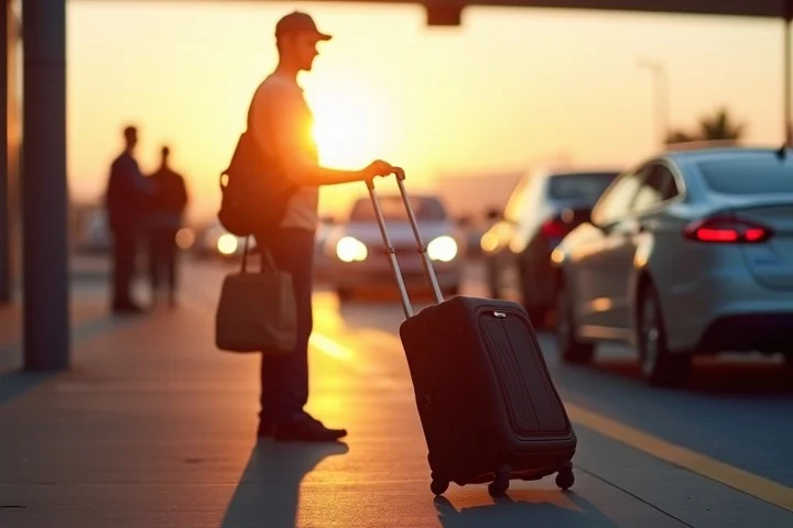 An airport pickup curb with a rolling suitcase, a waiting rideshare car, and evening traffic outside the terminal