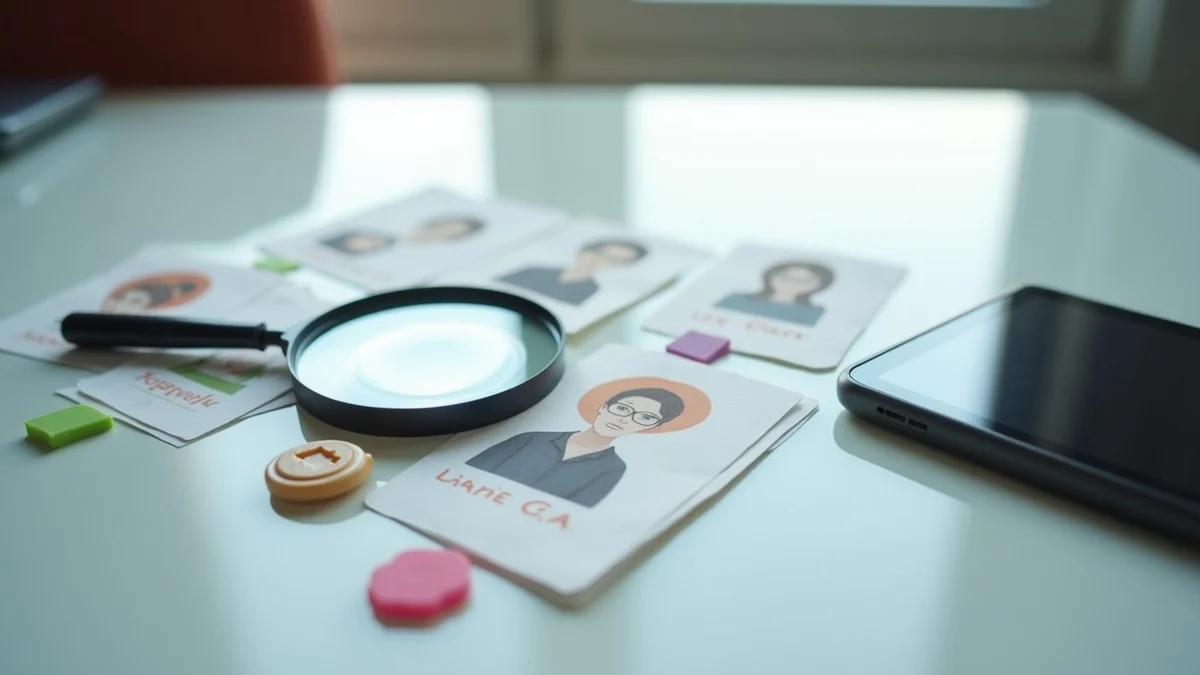 A magnifying glass hovering over a spread of anonymous dating profile cards on a clean tabletop