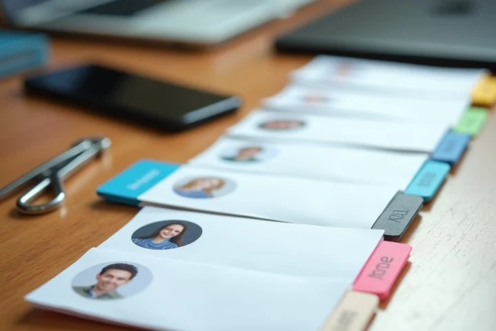 A neat row of anonymous profile cards being sorted beside colored index tabs and a compass on a wooden desk