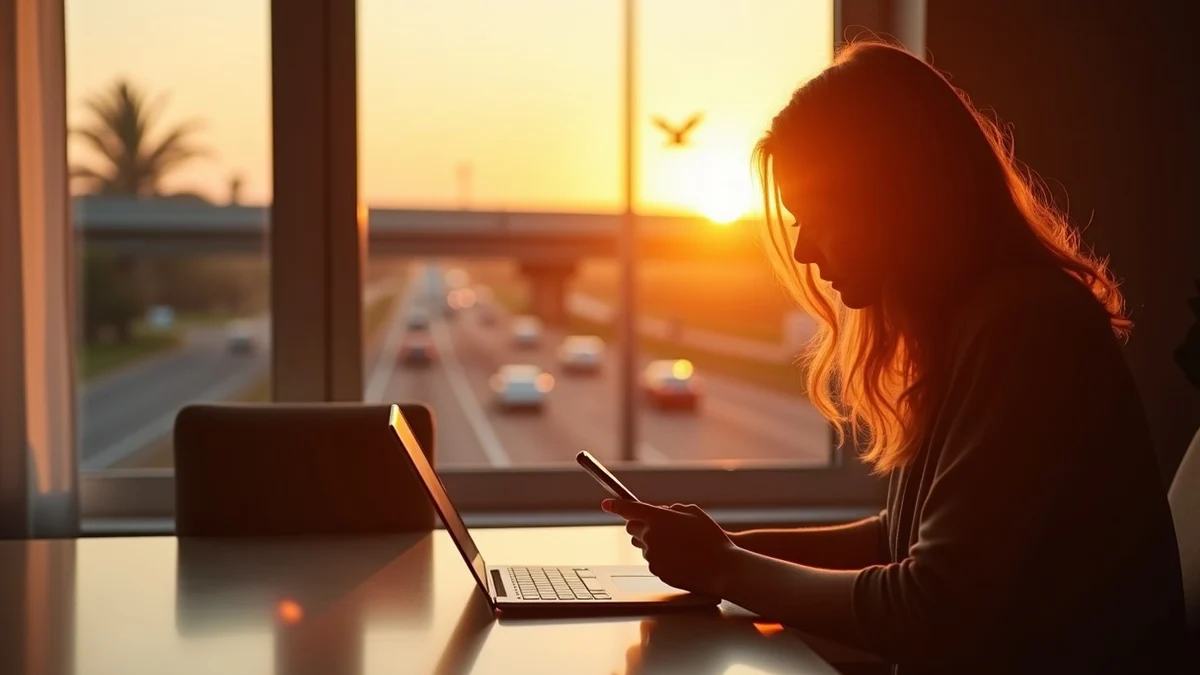 A 45-year-old California woman setting up a dating profile at a sunlit kitchen table, with a face-down phone, three recent photos