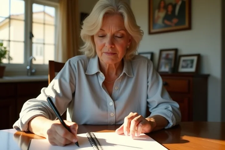 A middle-aged California adult arranging a few recent portrait photos and a simple notebook on a sunlit dining table in a quiet suburban home