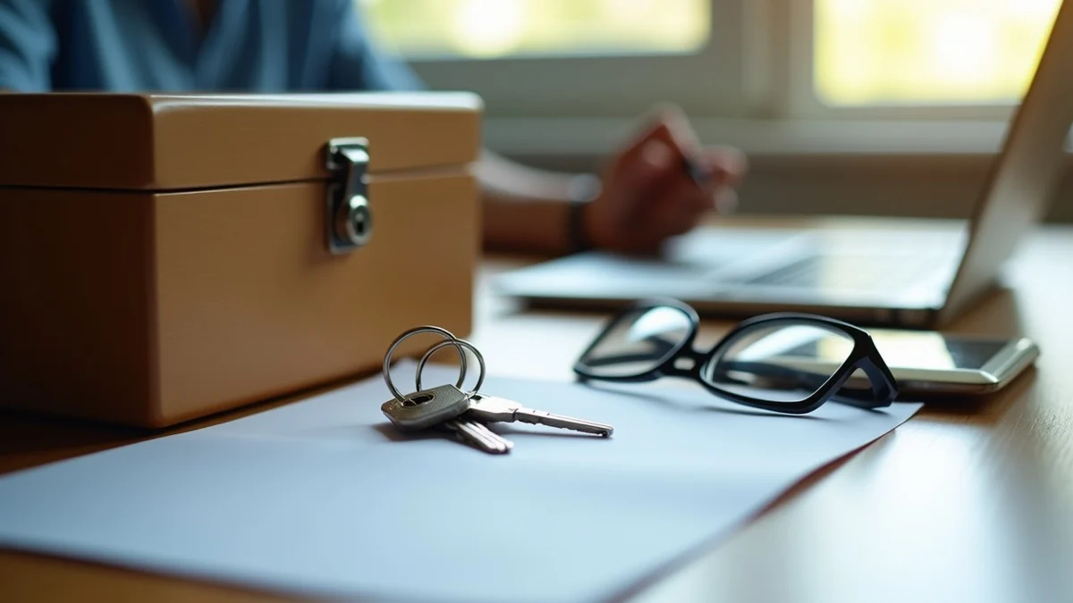 Locked cash box, notebook, house keys, reading glasses, and a sealed envelope on a tidy desk, close-up composition with soft side window light