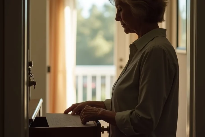 A middle-aged woman sliding personal papers into a locked drawer beside the front door of her California home, with house keys on the table