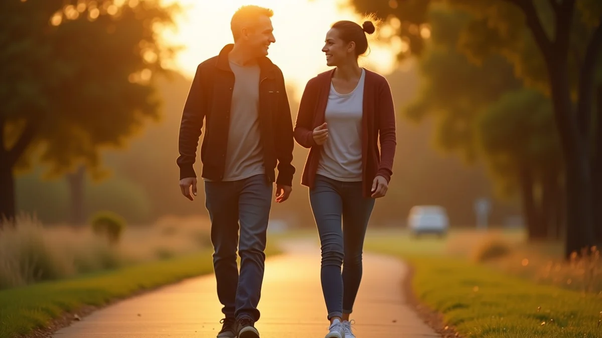 Two adults in their 40s walking side by side on a California park trail, talking calmly with equal pace and relaxed body language