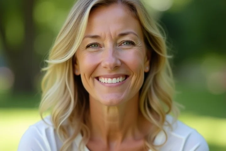 A 40-something adult in a soft outdoor portrait, shoulders relaxed and eyes attentive
