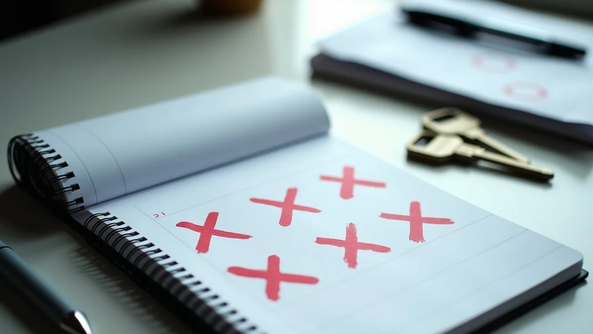 A notebook with bold red check marks and X marks, a pen, two mismatched sets of keys