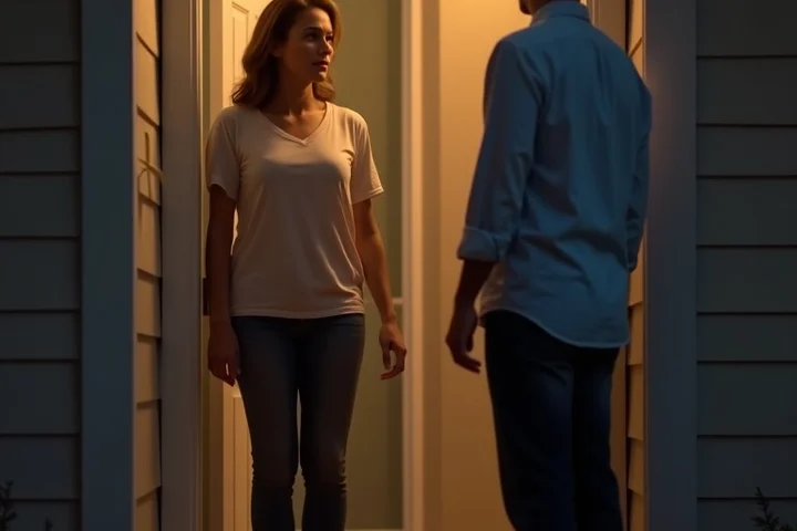 A 40-something woman standing inside her doorway with one hand on the doorframe while an impatient man waits outside on the porch