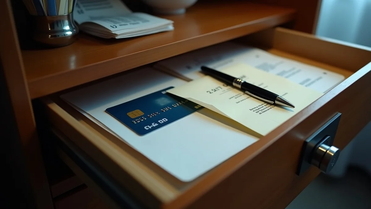 A locked desk drawer with a bank card, a sealed envelope, a pen, and a folded receipt stack on a tidy desk under cool lamp light