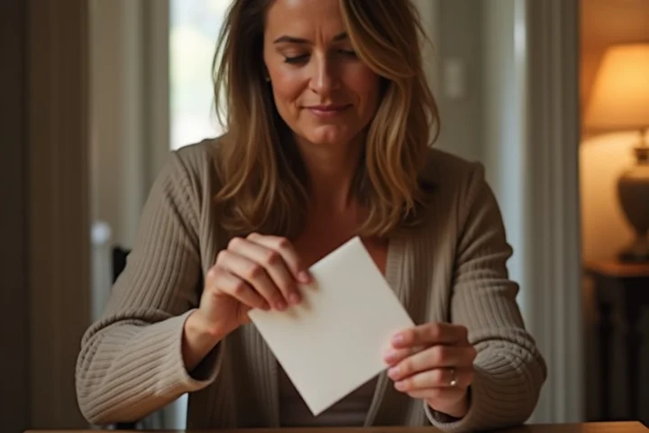 A woman in her 40s pulling gift cards and a sealed envelope away from a table, one hand raised in refusal, apartment doorway in the background