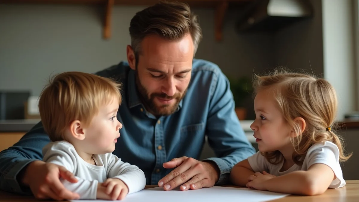 A father in his 40s speaking gently with two children at a kitchen table, leaning forward with open hands while they listen