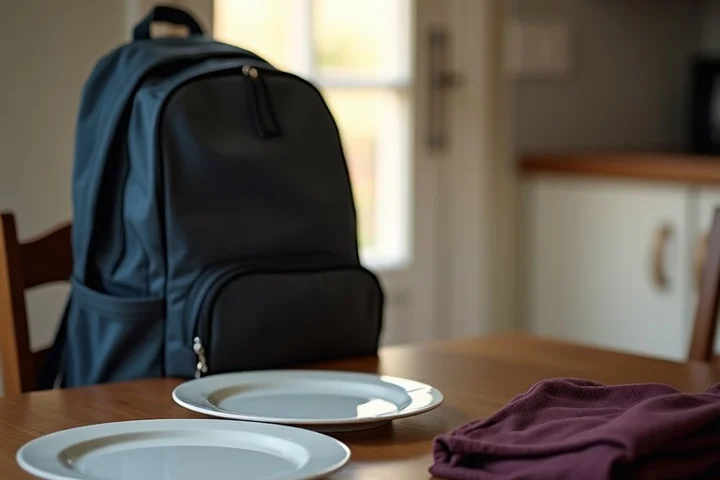 Three dinner plates, a school backpack, a folded jacket, and house keys arranged on a family kitchen table near the door