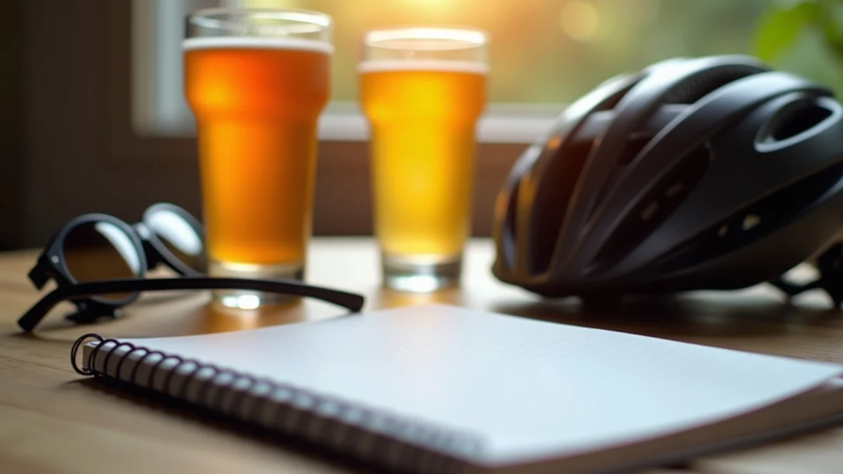 A small first-date table with two drinks, a blank notebook, sunglasses, and a bicycle helmet