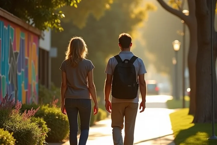 Two adults in their 40s on a relaxed walk along a tree-lined California neighborhood street, pausing to look at a mural and talk, casual body language