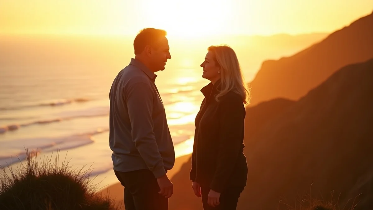 Two adults in their 40s pausing on a California coastal trail at golden hour, speaking calmly and facing each other with open body language